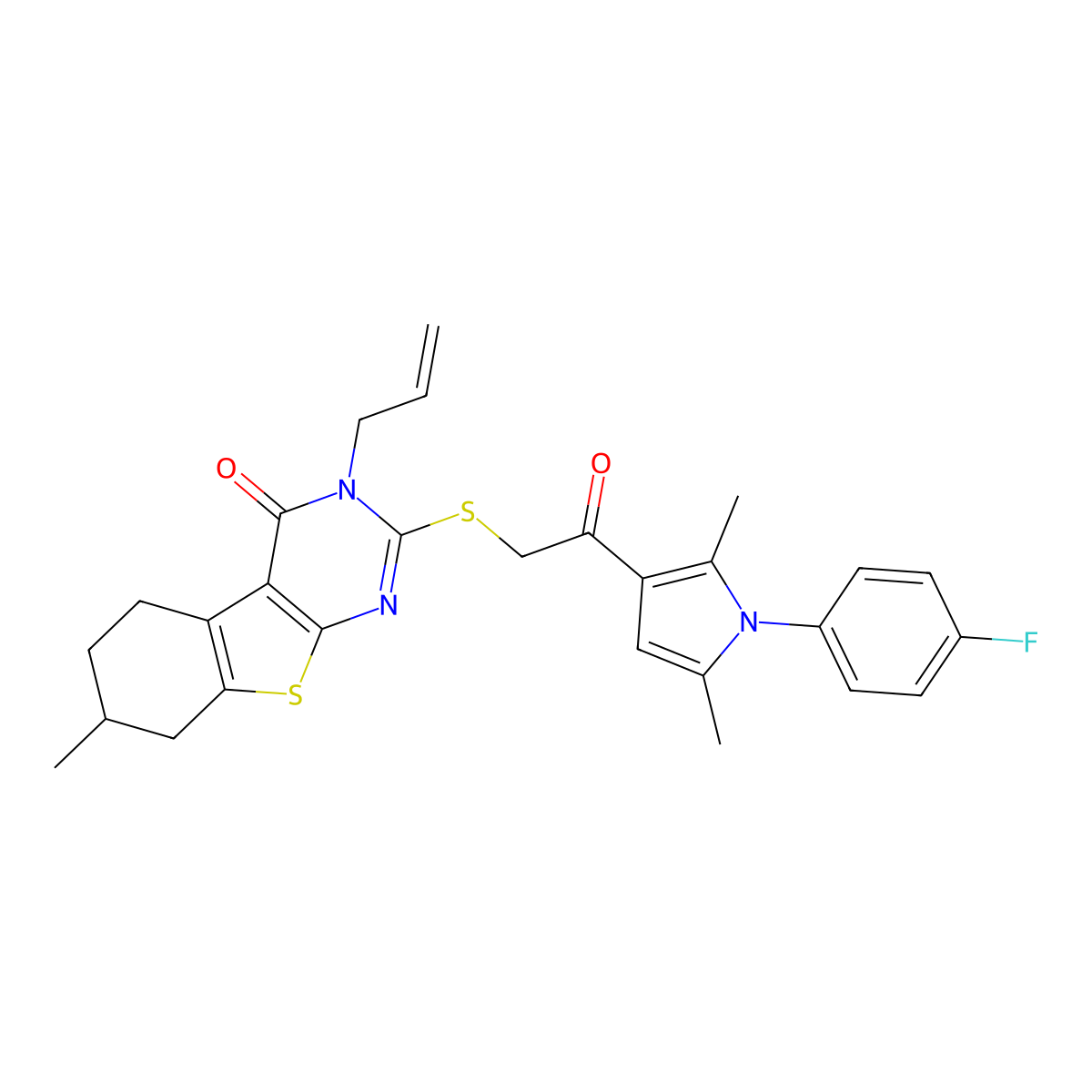 2-[2-[1-(4-Fluorophenyl)-2,5-dimethylpyrrol-3-yl]-2-oxoethyl]sulfanyl-7-methyl-3-prop-2-enyl-5,6,7,8-tetrahydro-[1]benzothiolo[2,3-d]pyrimidin-4-one molecular structure, CAS 671200-55-8