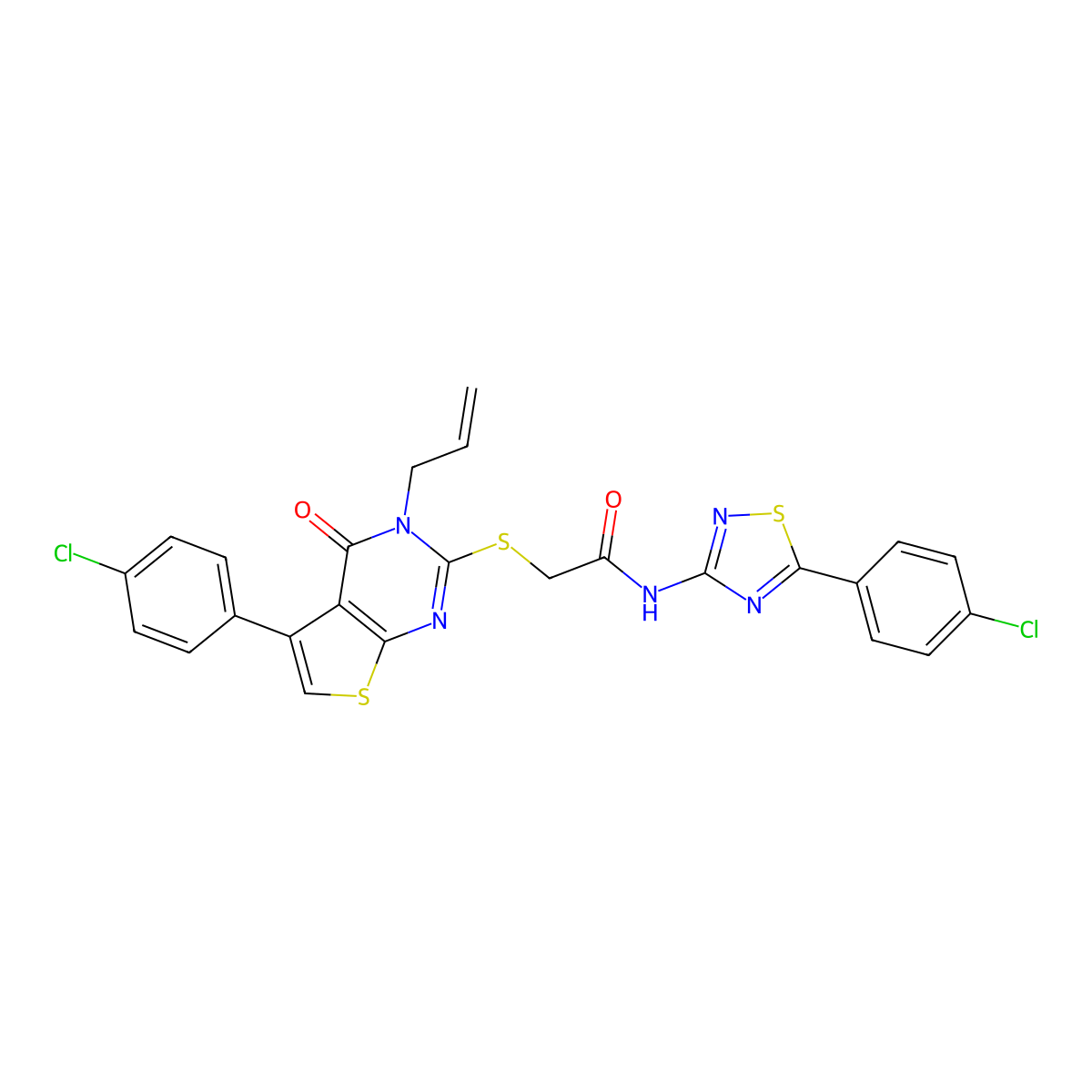 2-[5-(4-chlorophenyl)-4-oxo-3-prop-2-enylthieno[2,3-d]pyrimidin-2-yl]sulfanyl-N-[5-(4-chlorophenyl)-1,2,4-thiadiazol-3-yl]acetamide molecular structure, CAS 671200-57-0