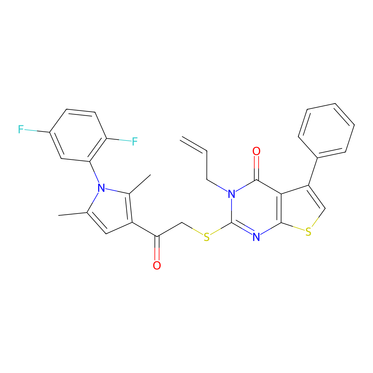 2-[2-[1-(2,5-Difluorophenyl)-2,5-dimethylpyrrol-3-yl]-2-oxoethyl]sulfanyl-5-phenyl-3-prop-2-enylthieno[2,3-d]pyrimidin-4-one molecular structure, CAS 671200-59-2
