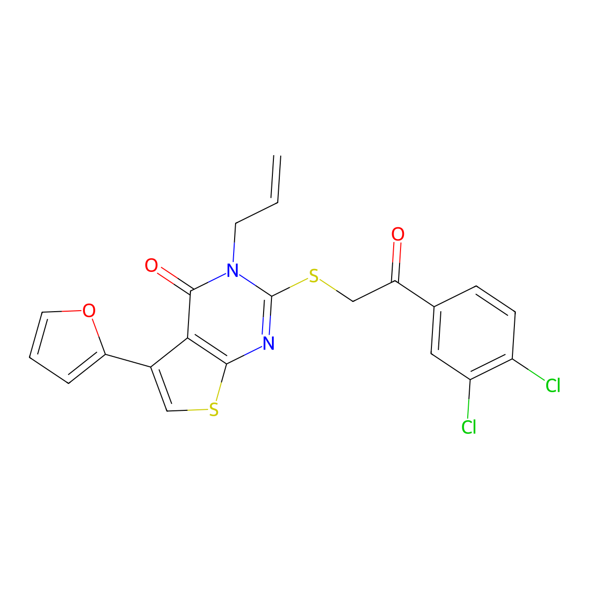 2-[2-(3,4-Dichlorophenyl)-2-oxoethyl]sulfanyl-5-(furan-2-yl)-3-prop-2-enylthieno[2,3-d]pyrimidin-4-one molecular structure, CAS 671200-61-6