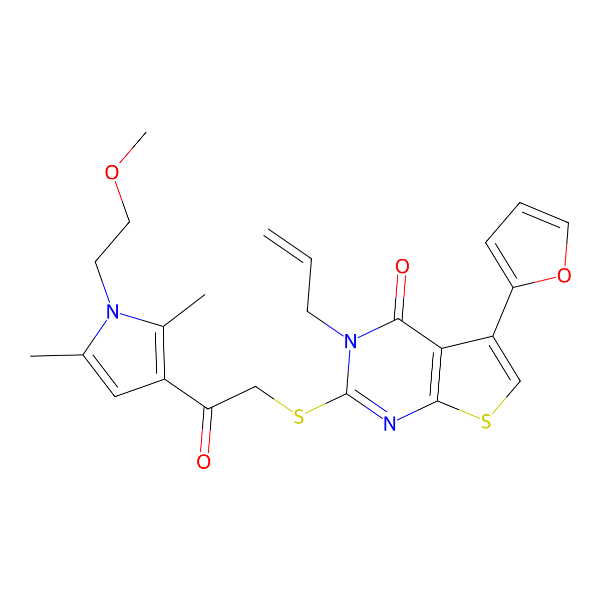 5-(Furan-2-yl)-2-[2-[1-(2-methoxyethyl)-2,5-dimethylpyrrol-3-yl]-2-oxoethyl]sulfanyl-3-prop-2-enylthieno[2,3-d]pyrimidin-4-one molecular structure, CAS 671200-62-7