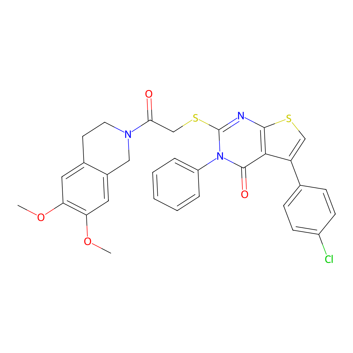 5-(4-chlorophenyl)-2-[2-(6,7-dimethoxy-3,4-dihydro-1H-isoquinolin-2-yl)-2-oxoethyl]sulfanyl-3-phenylthieno[2,3-d]pyrimidin-4-one molecular structure, CAS 671200-63-8
