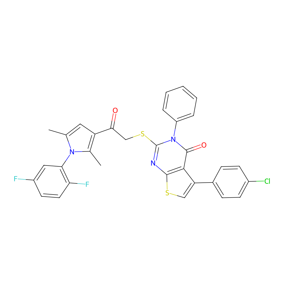 5-(4-Chlorophenyl)-2-[2-[1-(2,5-difluorophenyl)-2,5-dimethylpyrrol-3-yl]-2-oxoethyl]sulfanyl-3-phenylthieno[2,3-d]pyrimidin-4-one molecular structure, CAS 671200-64-9