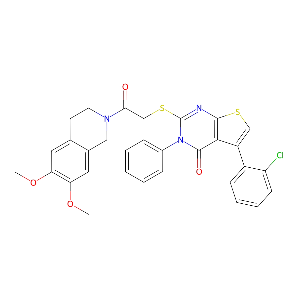 5-(2-chlorophenyl)-2-[2-(6,7-dimethoxy-3,4-dihydro-1H-isoquinolin-2-yl)-2-oxoethyl]sulfanyl-3-phenylthieno[2,3-d]pyrimidin-4-one molecular structure, CAS 671200-65-0