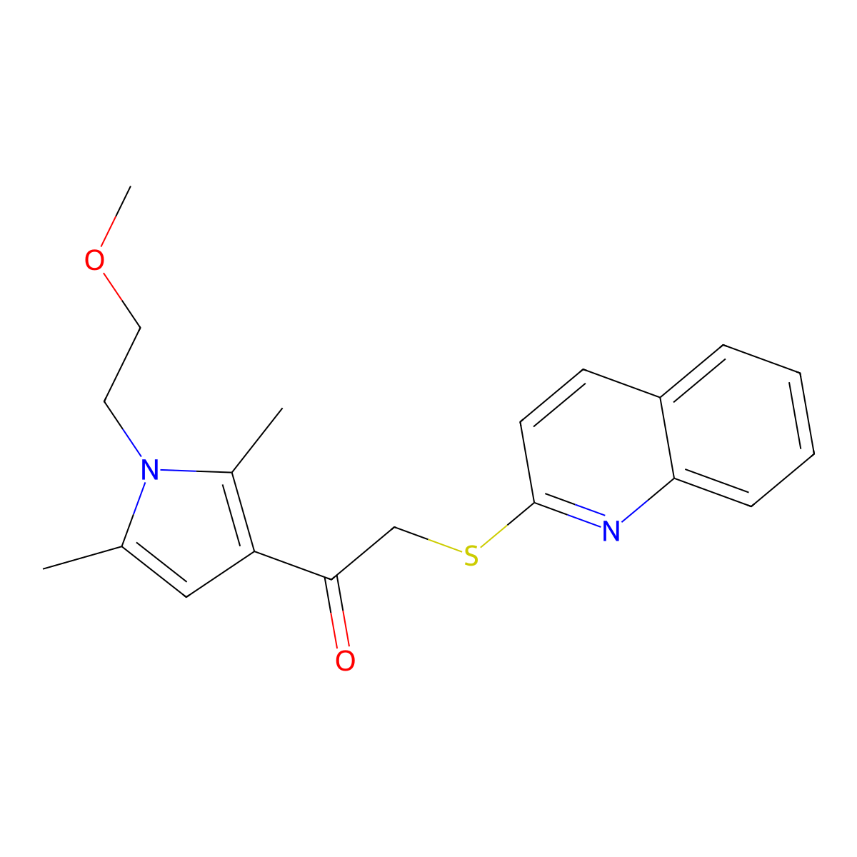 1-(1-(2-methoxyethyl)-2,5-dimethyl-1H-pyrrol-3-yl)-2-(quinolin-2-ylthio)ethanone molecular structure, CAS 671200-68-3