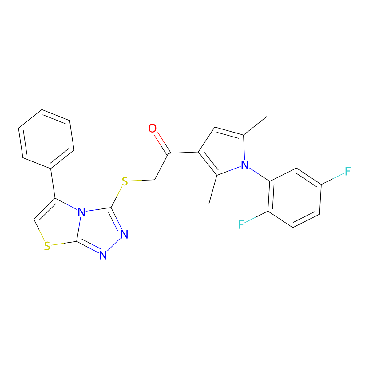 1-(1-(2,5-difluorophenyl)-2,5-dimethyl-1H-pyrrol-3-yl)-2-((5-phenylthiazolo[2,3-c][1,2,4]triazol-3-yl)thio)ethanone molecular structure, CAS 671200-80-9