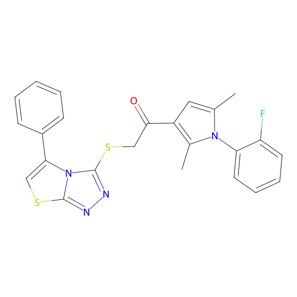 1-(1-(2-fluorophenyl)-2,5-dimethyl-1H-pyrrol-3-yl)-2-((5-phenylthiazolo[2,3-c][1,2,4]triazol-3-yl)thio)ethanone molecular structure, CAS 671200-81-0