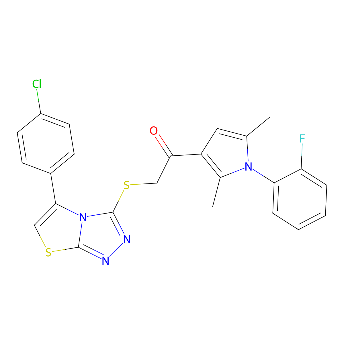 2-((5-(4-chlorophenyl)thiazolo[2,3-c][1,2,4]triazol-3-yl)thio)-1-(1-(2-fluorophenyl)-2,5-dimethyl-1H-pyrrol-3-yl)ethanone molecular structure, CAS 671200-84-3
