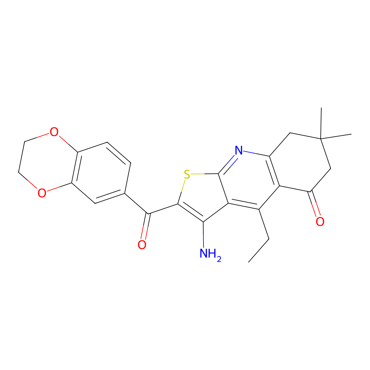 3-Amino-2-(2,3-dihydro-1,4-benzodioxine-6-carbonyl)-4-ethyl-7,7-dimethyl-6,8-dihydrothieno[2,3-b]quinolin-5-one molecular structure, CAS 671200-85-4