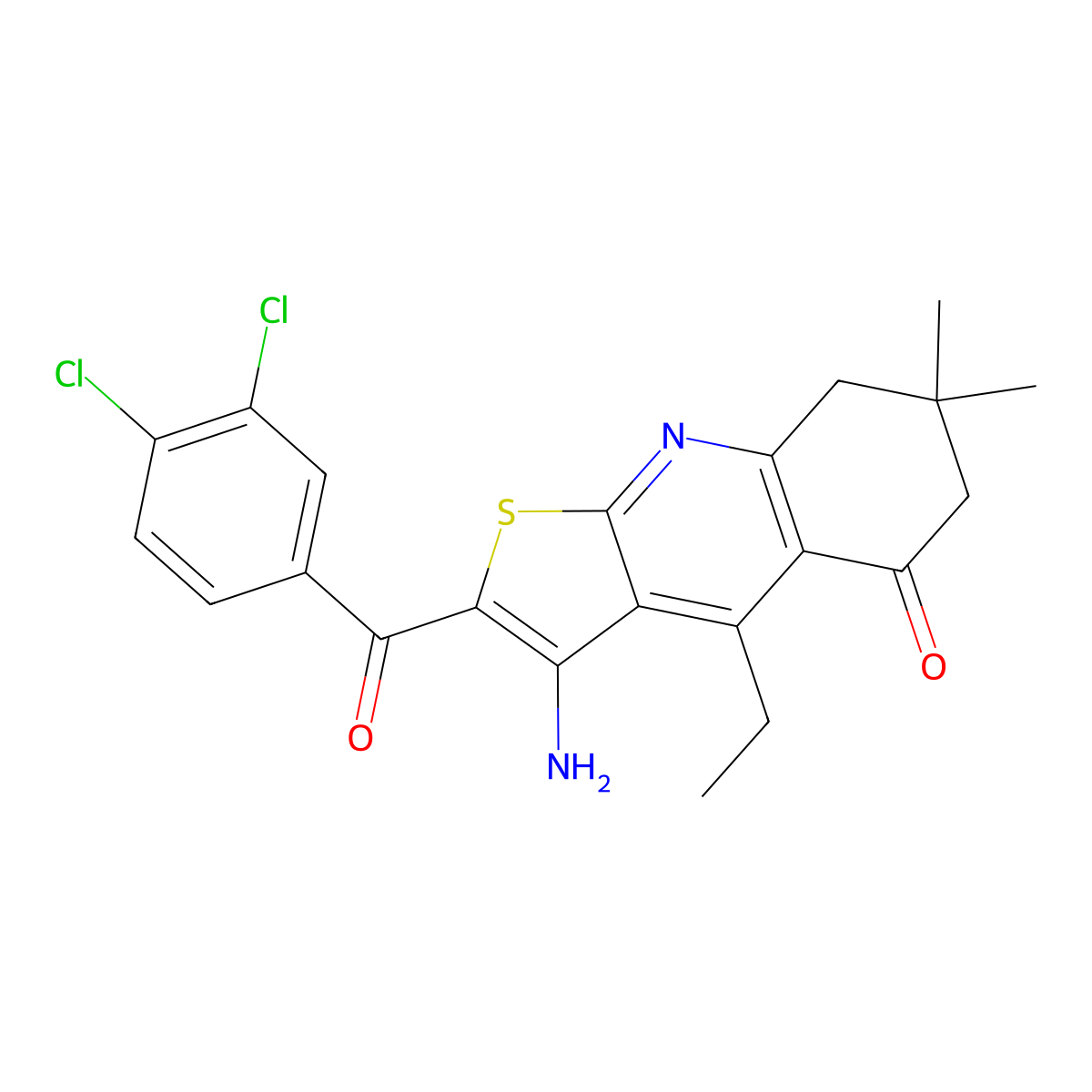3-amino-2-(3,4-dichlorobenzoyl)-4-ethyl-7,7-dimethyl-7,8-dihydrothieno[2,3-b]quinolin-5(6H)-one molecular structure, CAS 671200-86-5