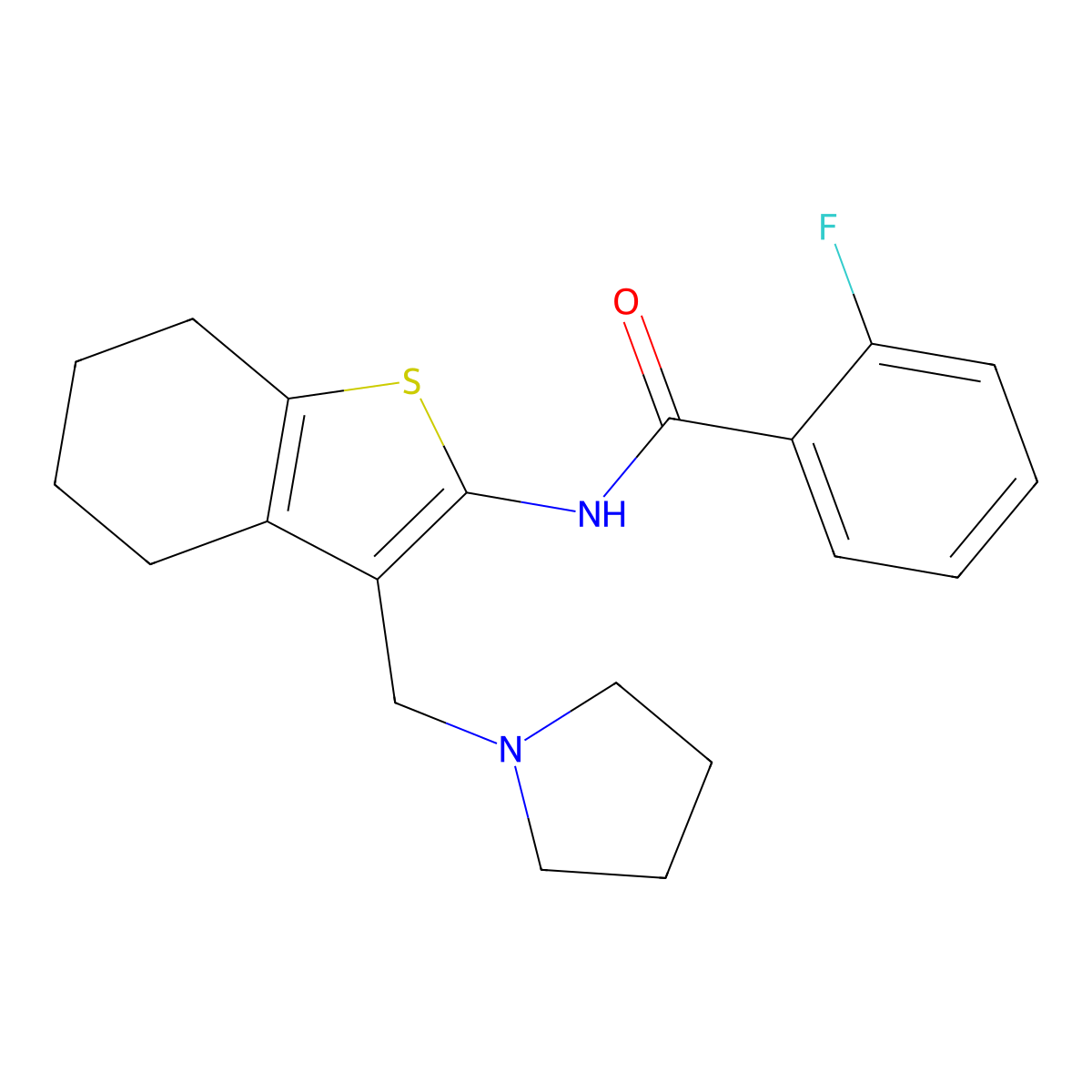 2-fluoro-N-(3-(pyrrolidin-1-ylmethyl)-4,5,6,7-tetrahydrobenzo[b]thiophen-2-yl)benzamide molecular structure, CAS 671201-00-6