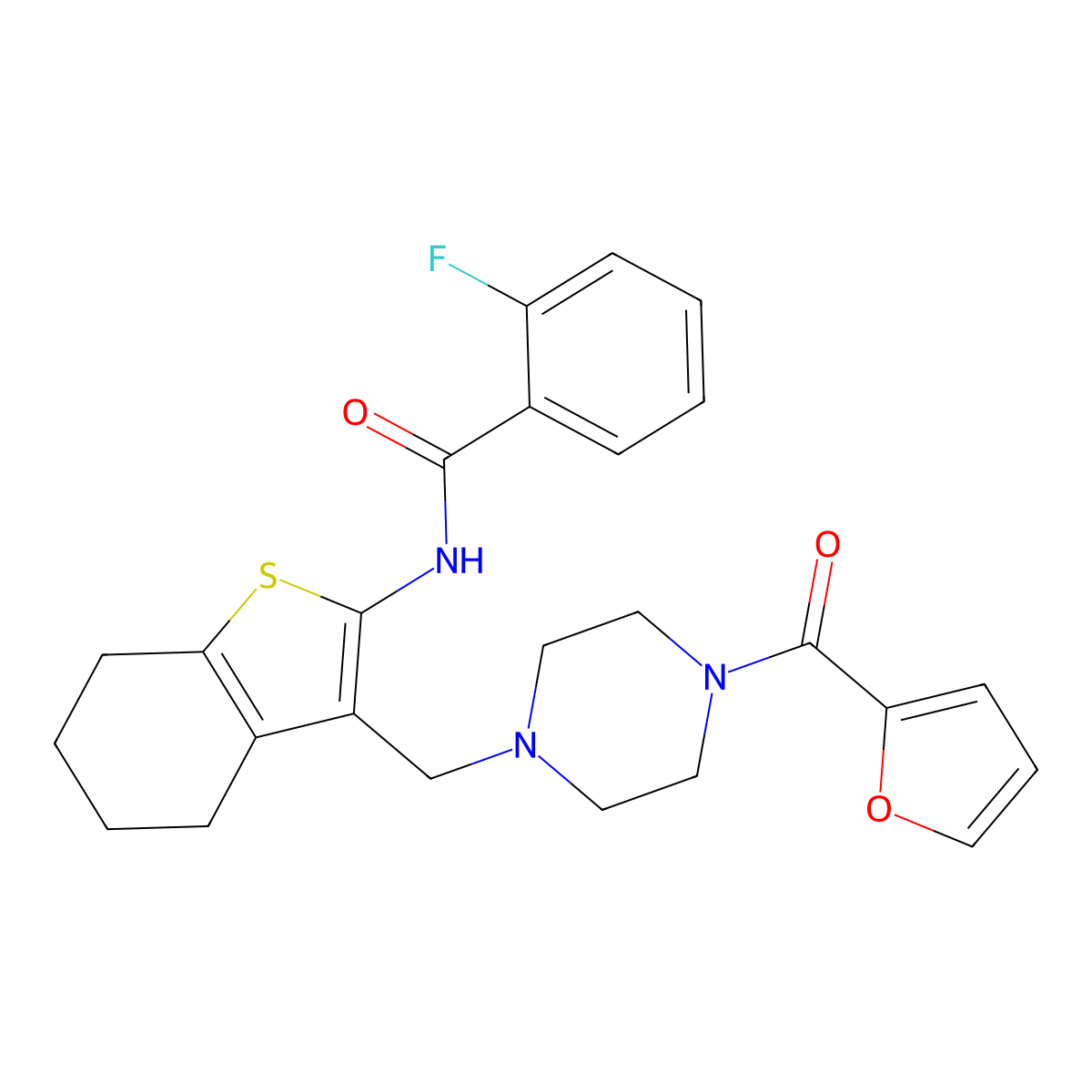 2-Fluoro-N-(3-{[4-(furan-2-carbonyl)piperazin-1-YL]methyl}-4,5,6,7-tetrahydro-1-benzothiophen-2-YL)benzamide molecular structure, CAS 671201-01-7