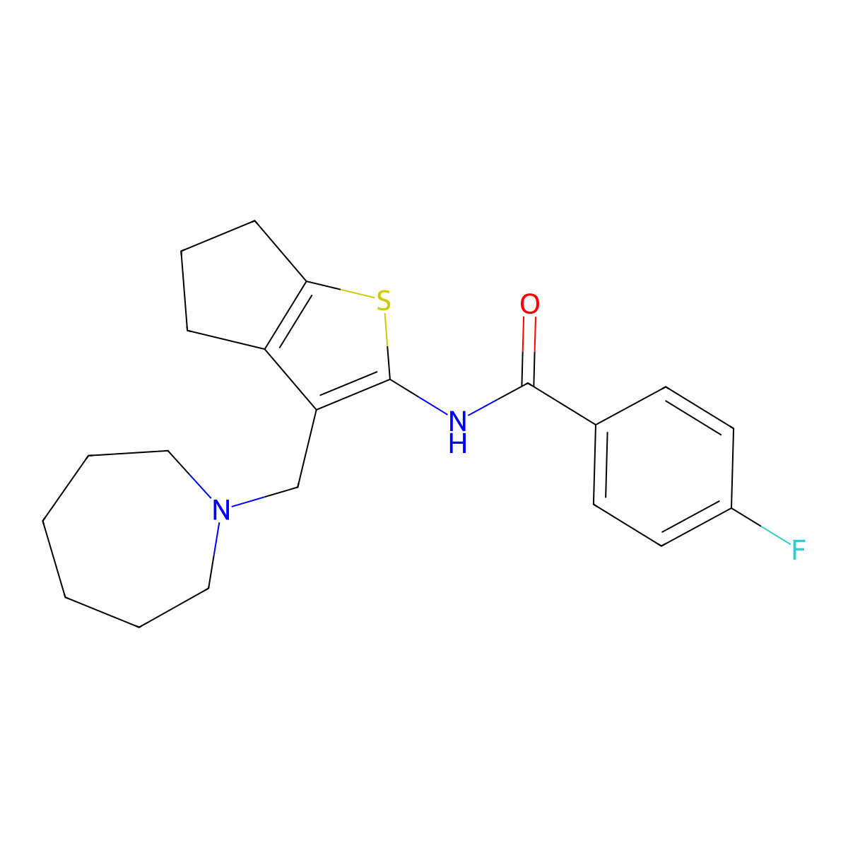 N-(3-(azepan-1-ylmethyl)-5,6-dihydro-4H-cyclopenta[b]thiophen-2-yl)-4-fluorobenzamide molecular structure, CAS 671201-02-8