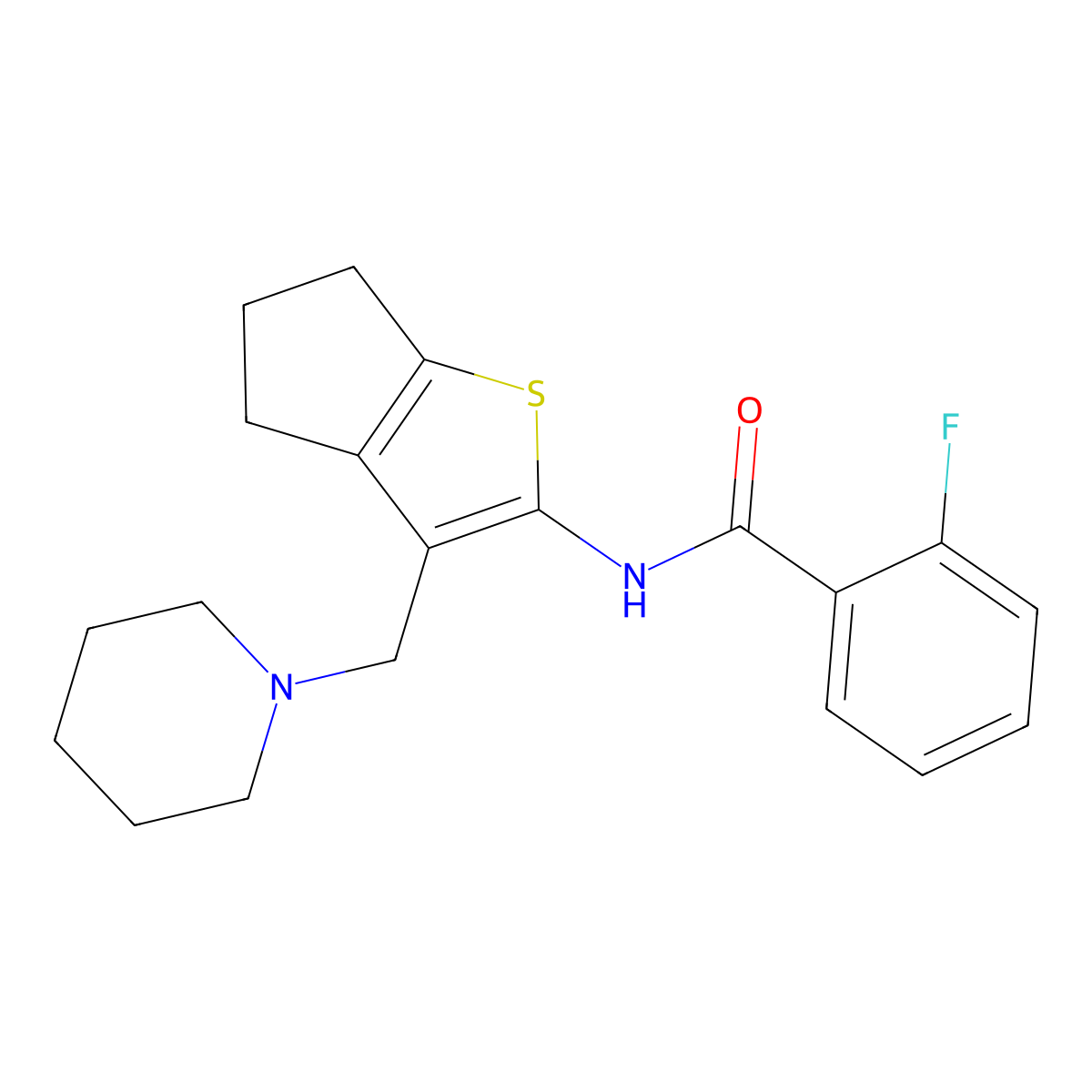 2-fluoro-N-{3-[(piperidin-1-yl)methyl]-4H,5H,6H-cyclopenta[b]thiophen-2-yl}benzamide molecular structure, CAS 671201-03-9