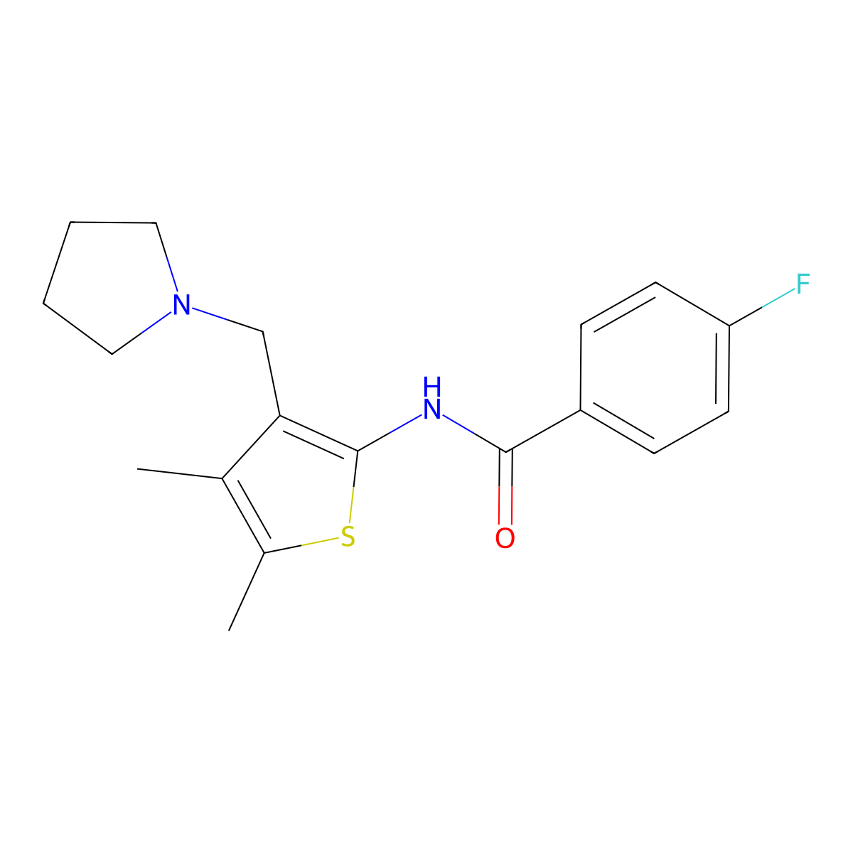 N-(4,5-dimethyl-3-(pyrrolidin-1-ylmethyl)thiophen-2-yl)-4-fluorobenzamide molecular structure, CAS 671201-05-1