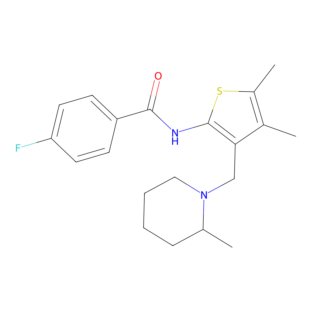 N-(4,5-dimethyl-3-((2-methylpiperidin-1-yl)methyl)thiophen-2-yl)-4-fluorobenzamide molecular structure, CAS 671201-07-3