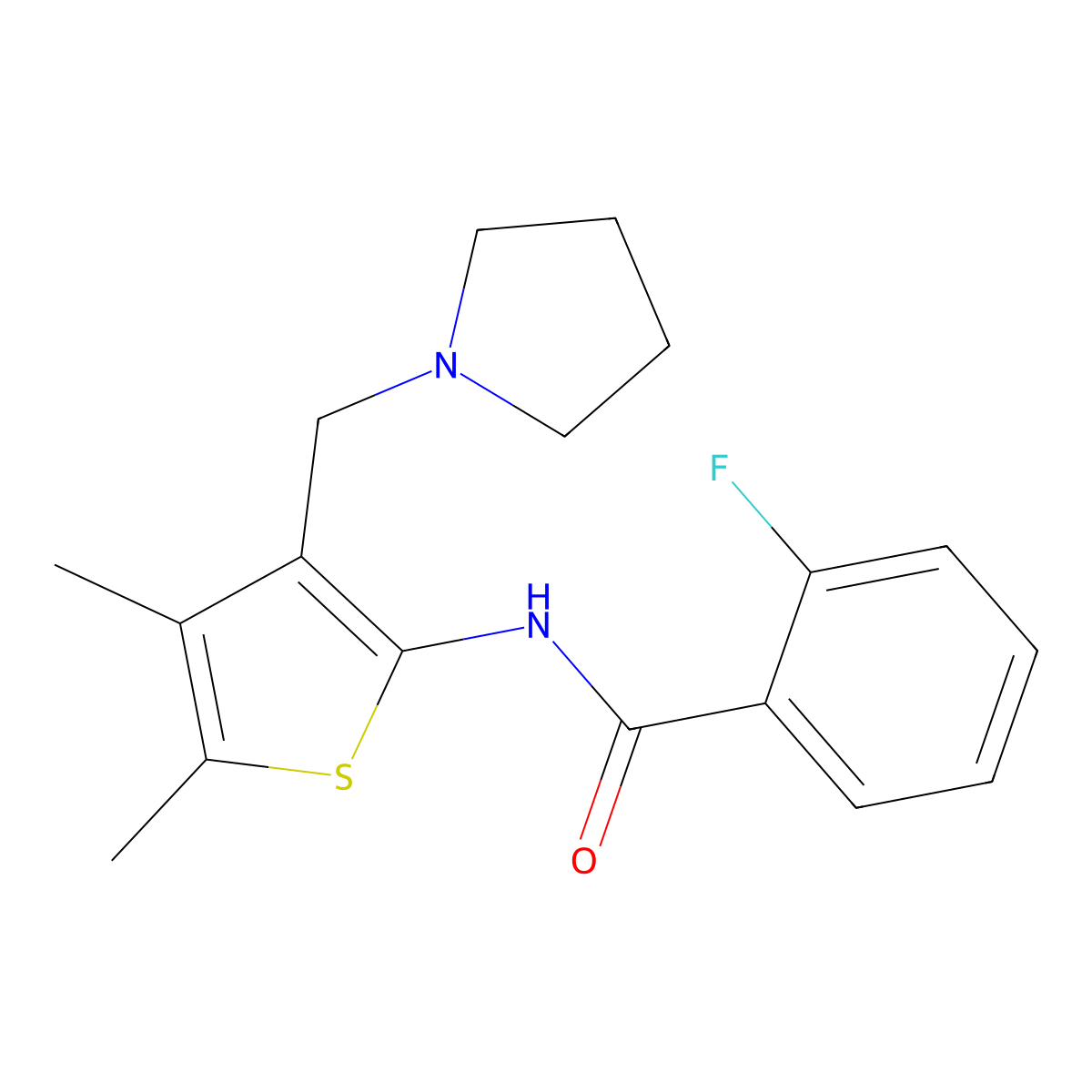 N-(4,5-dimethyl-3-(pyrrolidin-1-ylmethyl)thiophen-2-yl)-2-fluorobenzamide molecular structure, CAS 671201-08-4