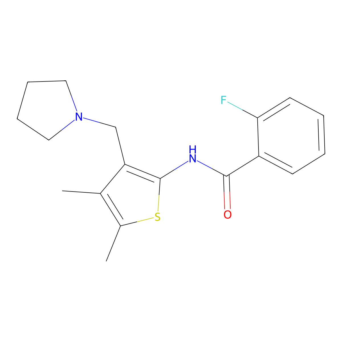 N-(4,5-dimethyl-3-(pyrrolidin-1-ylmethyl)thiophen-2-yl)-2-fluorobenzamide molecular structure, CAS 671201-08-4