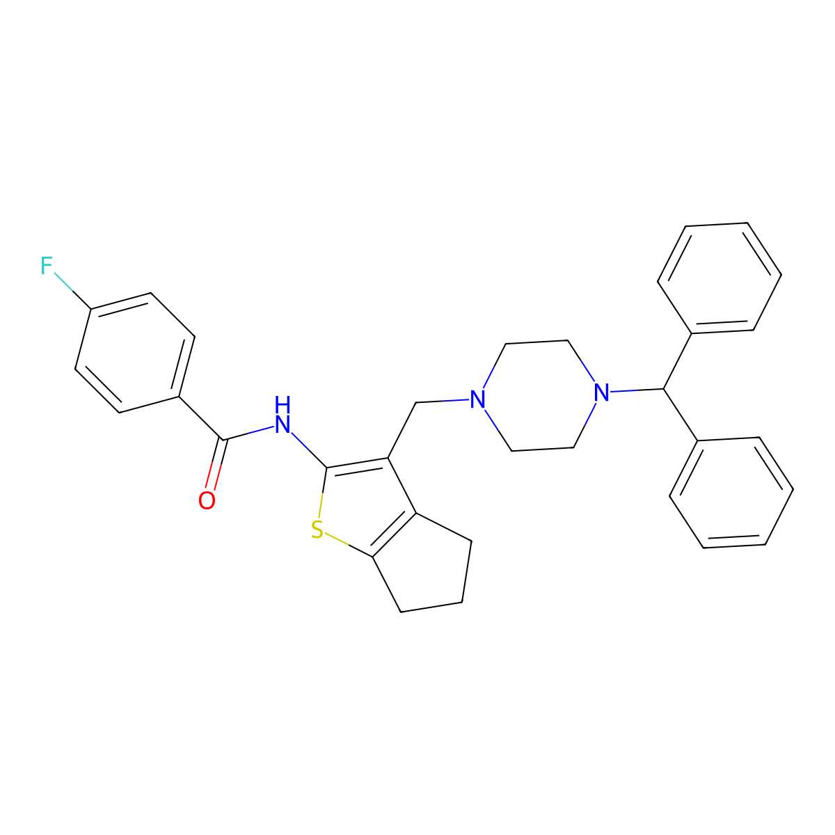 N-(3-((4-benzhydrylpiperazin-1-yl)methyl)-5,6-dihydro-4H-cyclopenta[b]thiophen-2-yl)-4-fluorobenzamide molecular structure, CAS 671201-10-8