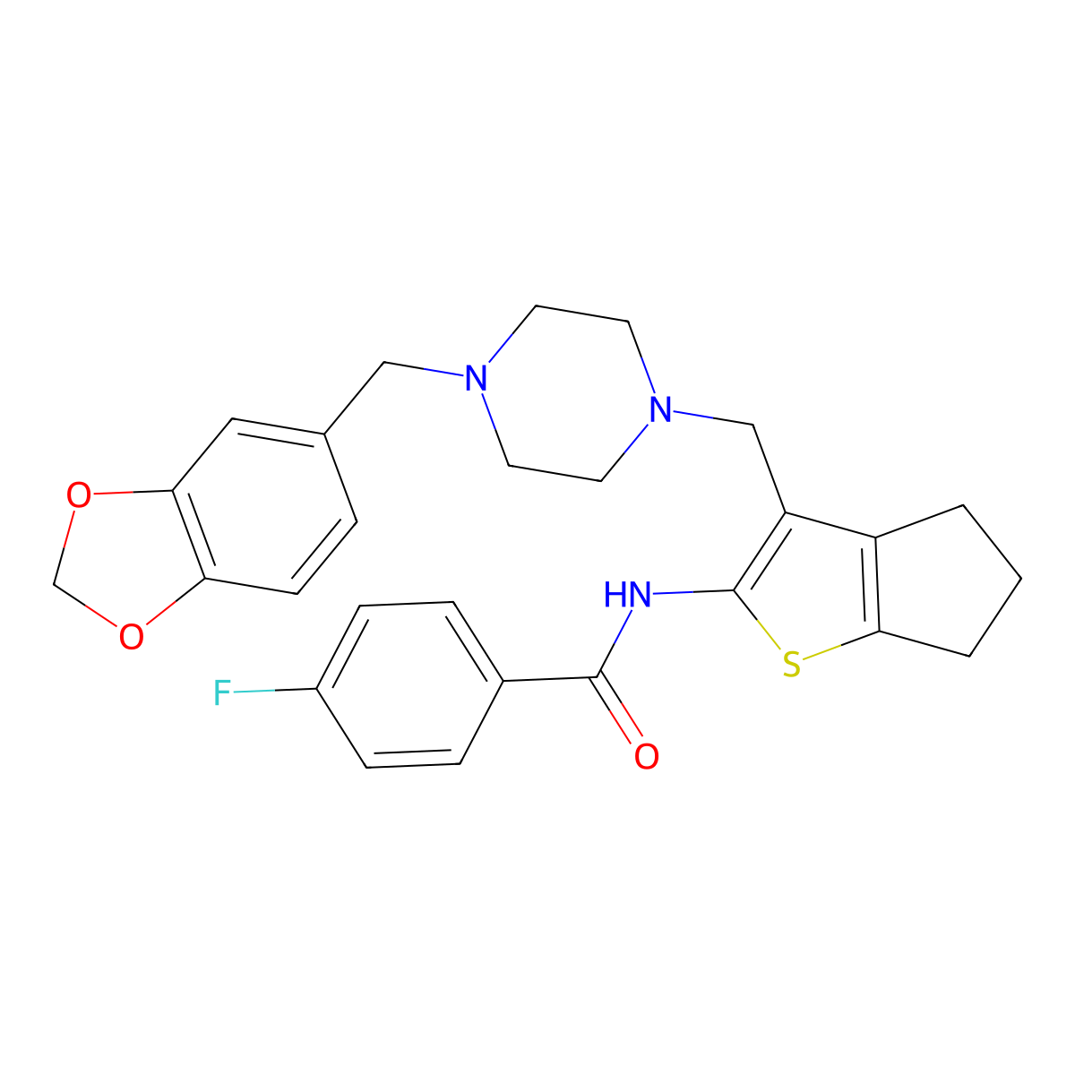 N-[3-[[4-(1,3-benzodioxol-5-ylmethyl)piperazin-1-yl]methyl]-5,6-dihydro-4H-cyclopenta[b]thiophen-2-yl]-4-fluorobenzamide molecular structure, CAS 671201-12-0