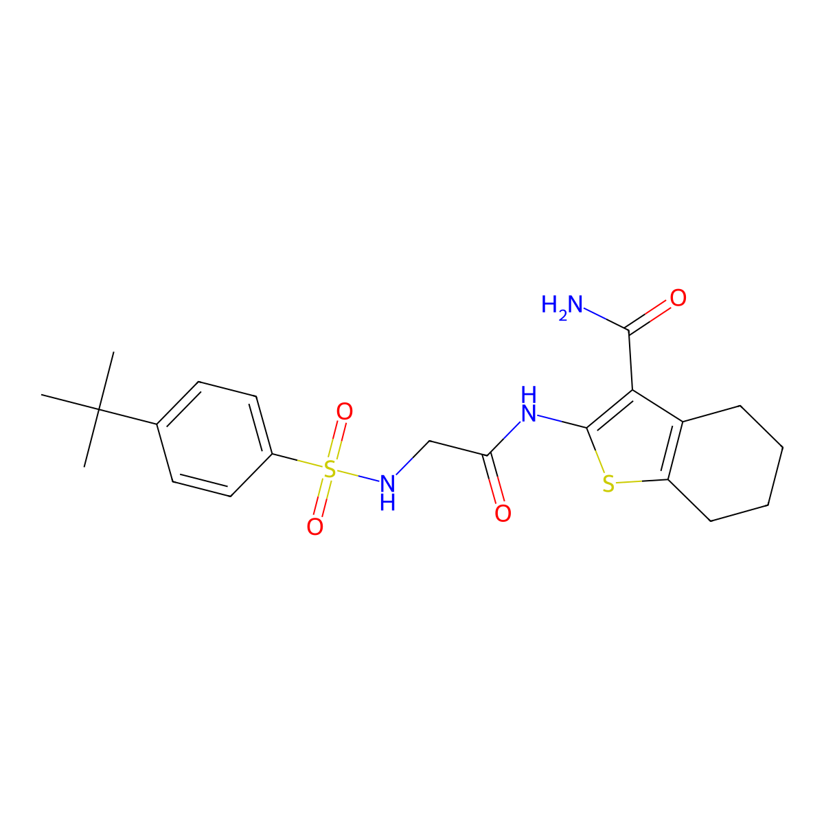 2-[[2-[(4-Tert-butylphenyl)sulfonylamino]acetyl]amino]-4,5,6,7-tetrahydro-1-benzothiophene-3-carboxamide molecular structure, CAS 671201-18-6