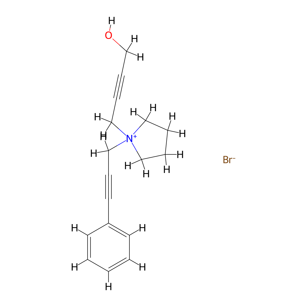 Pyrrolidinium, 1-(4-hydroxy-2-butynyl)-1-(3-phenyl-2-propynyl)-, bromide molecular structure, CAS 671223-16-8