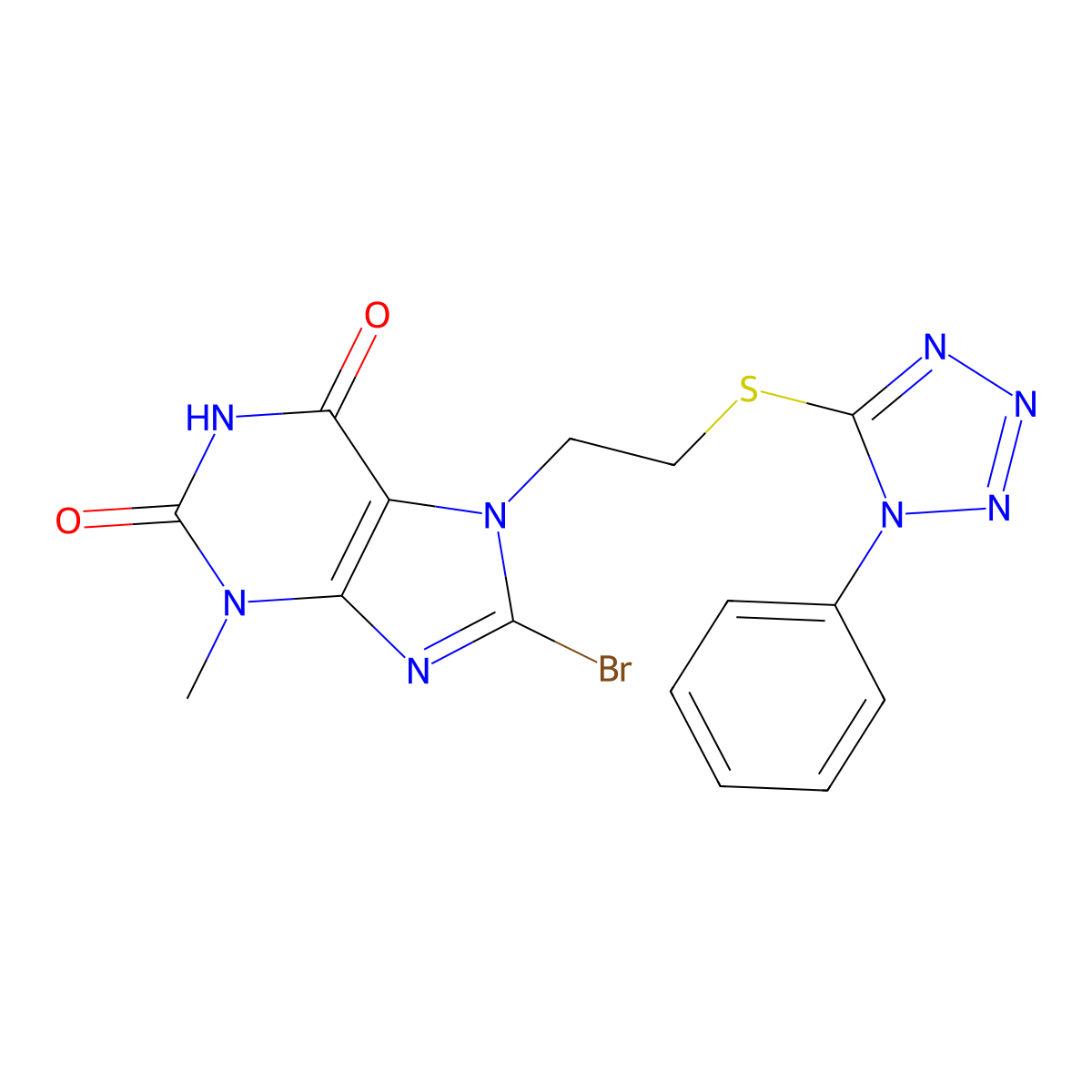 8-Bromo-3-methyl-7-[2-(1-phenyltetrazol-5-yl)sulfanylethyl]purine-2,6-dione molecular structure, CAS 671758-55-7