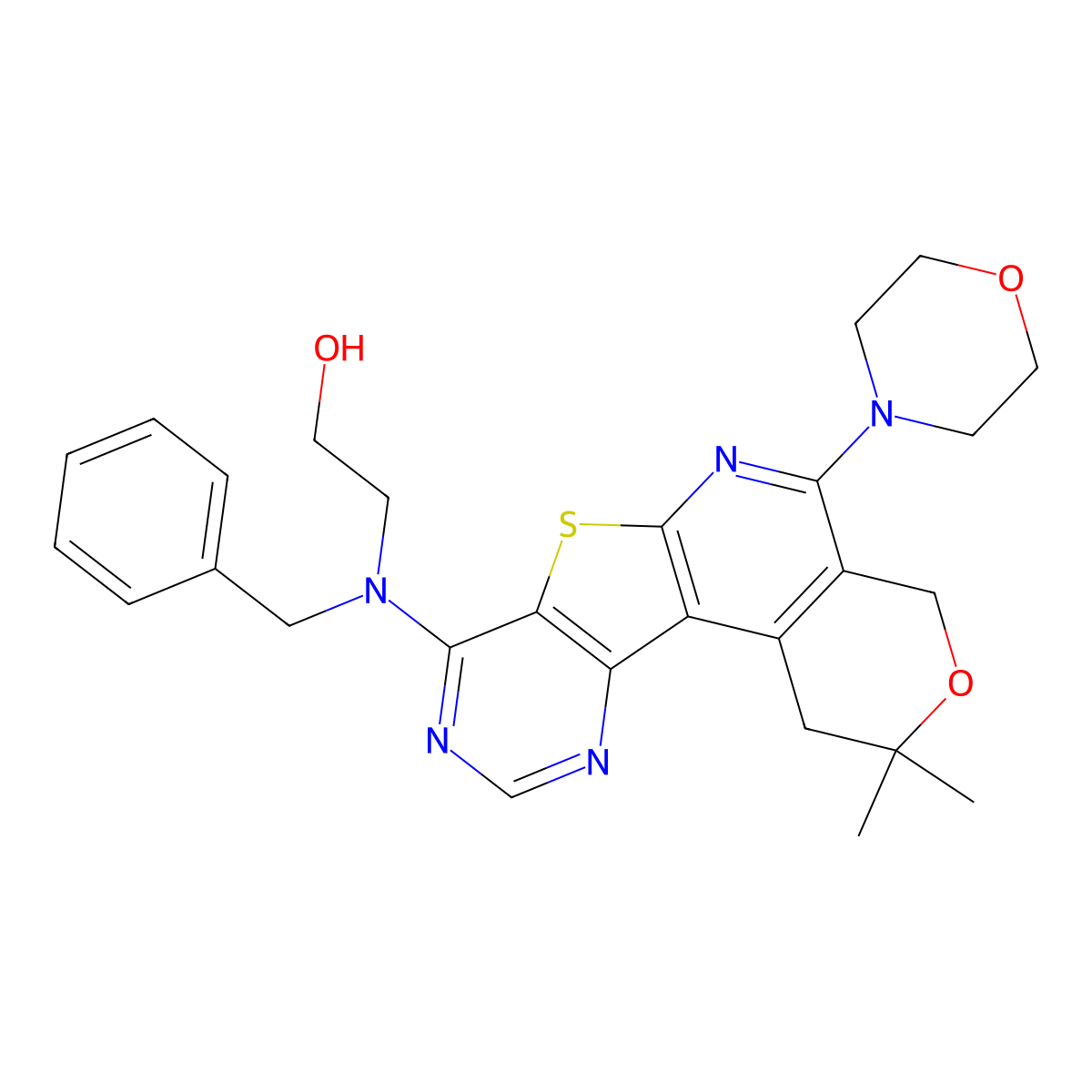 2-(benzyl(2,2-dimethyl-5-morpholino-2,4-dihydro-1H-pyrano[4'',3'':4',5']pyrido[3',2':4,5]thieno[3,2-d]pyrimidin-8-yl)amino)ethanol molecular structure, CAS 671759-74-3
