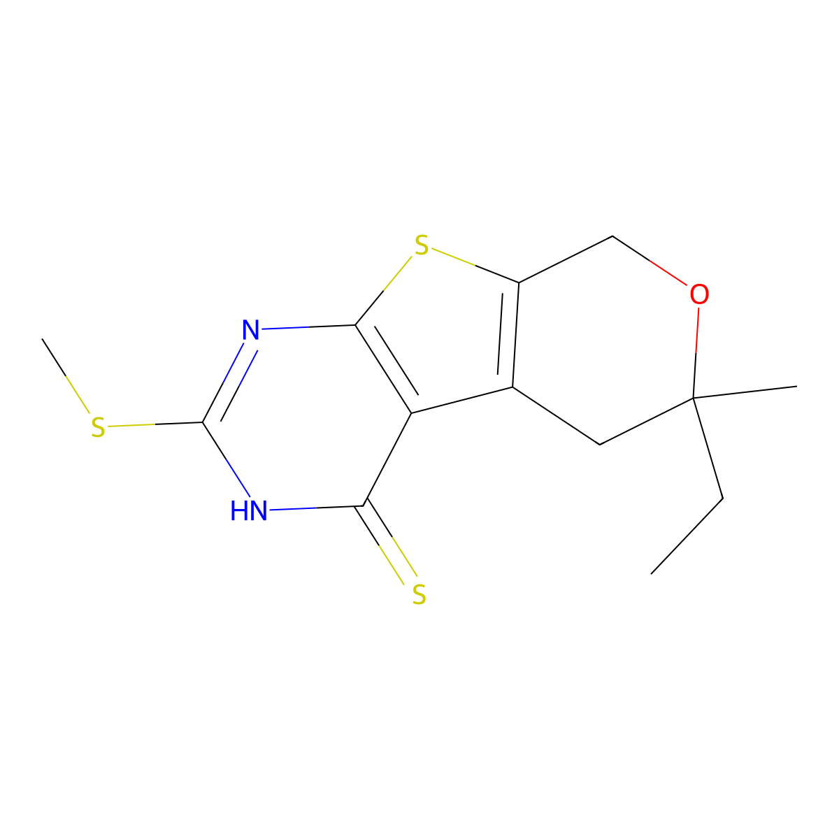6-ethyl-6-methyl-2-(methylthio)-5,8-dihydro-3H-pyrano[2,3]thieno[2,4-b]pyrimidine-4-thione molecular structure, CAS 671759-92-5