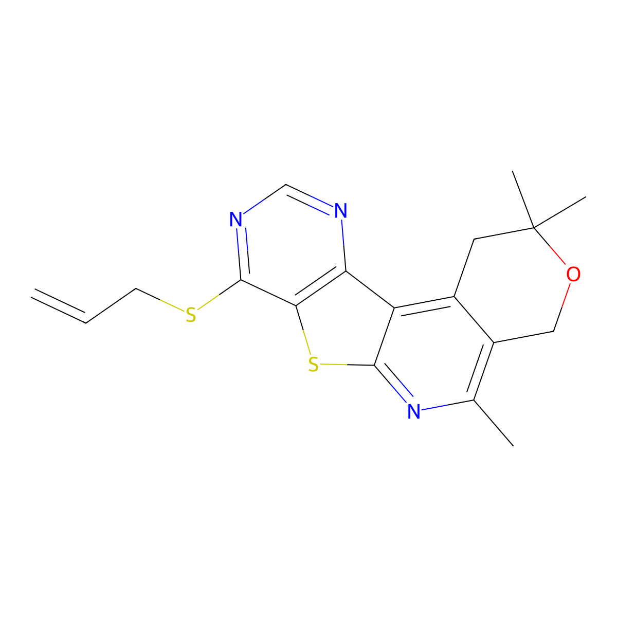 8-(allylthio)-2,2,5-trimethyl-2,4-dihydro-1H-pyrano[4'',3'':4',5']pyrido[3',2':4,5]thieno[3,2-d]pyrimidine molecular structure, CAS 671762-90-6