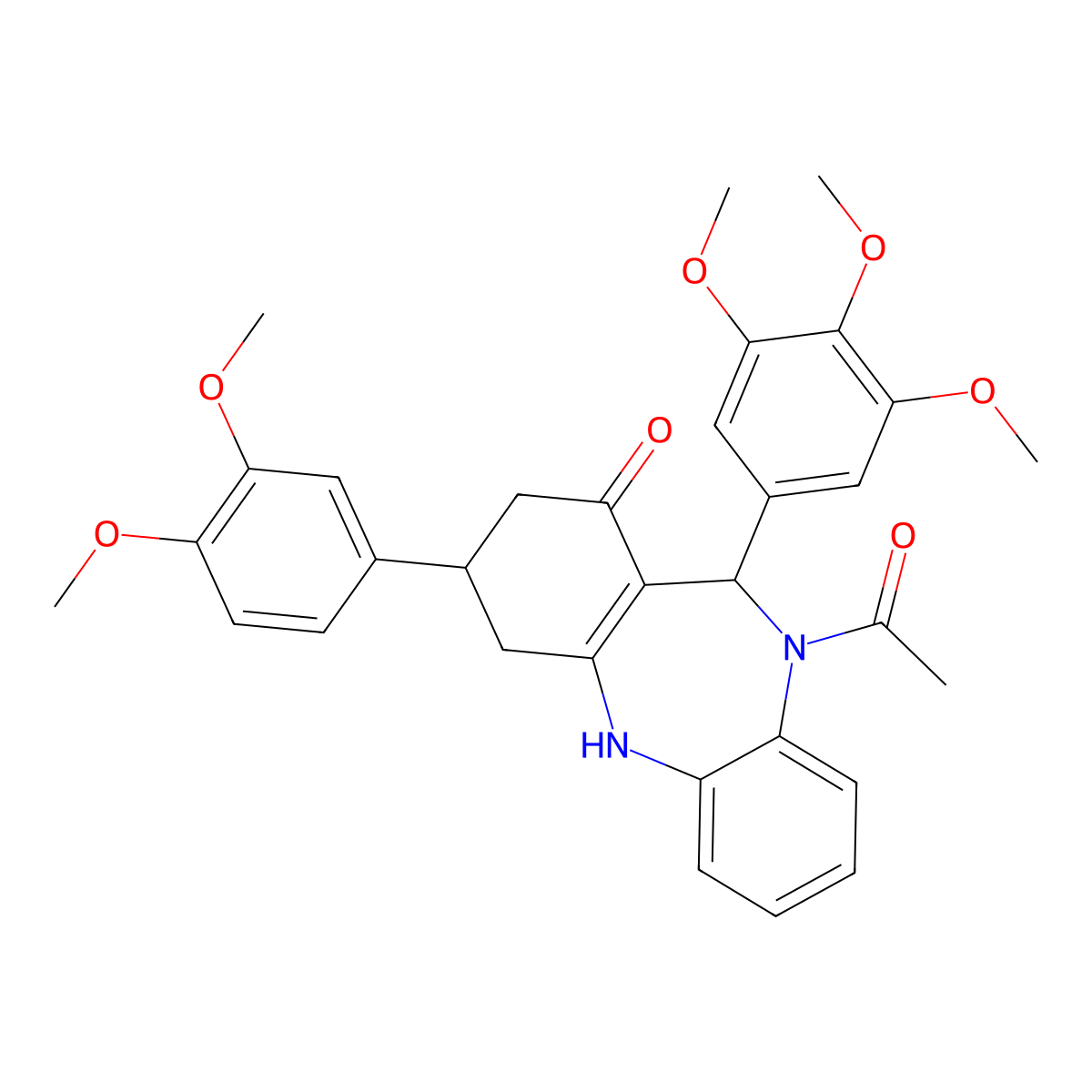 1-[3-(3,4-dimethoxyphenyl)-1-hydroxy-11-(3,4,5-trimethoxyphenyl)-2,3,4,11-tetrahydro-10H-dibenzo[b,e][1,4]diazepin-10-yl]ethanone molecular structure, CAS 671764-97-9