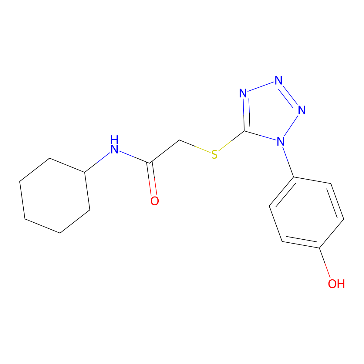 N-cyclohexyl-2-[1-(4-hydroxyphenyl)tetrazol-5-yl]sulfanylacetamide molecular structure, CAS 671765-35-8
