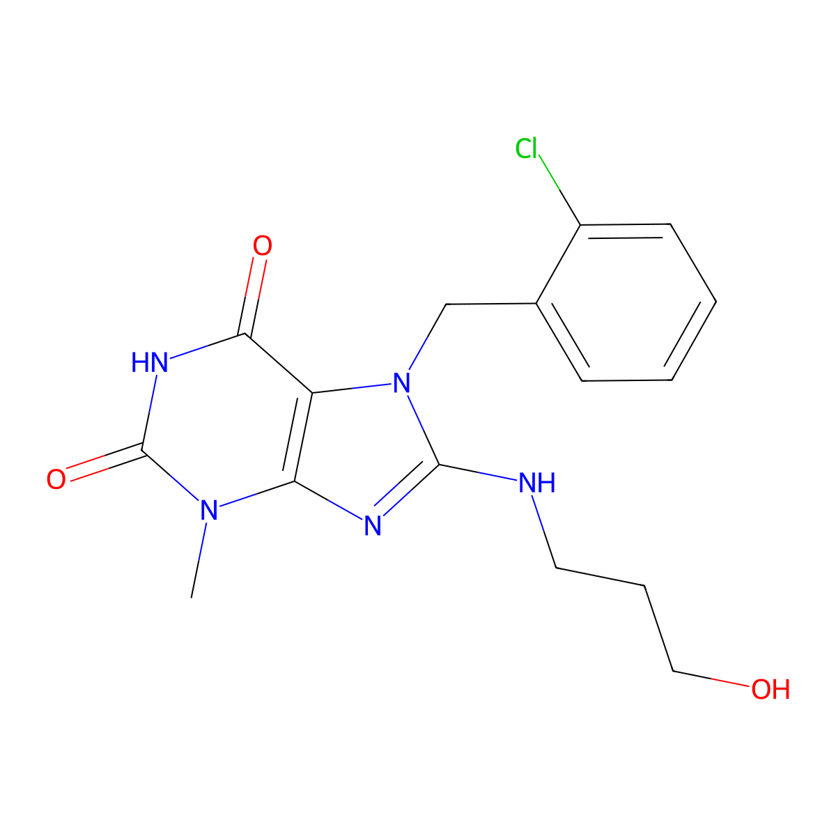 7-(2-chlorobenzyl)-8-((3-hydroxypropyl)amino)-3-methyl-1H-purine-2,6(3H,7H)-dione molecular structure, CAS 671765-79-0