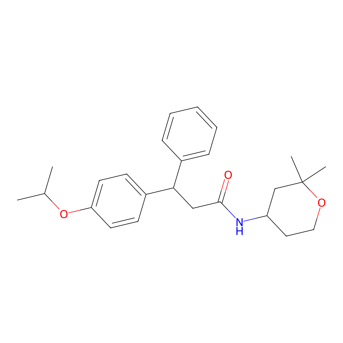 N-(2,2-dimethyloxan-4-yl)-3-phenyl-3-(4-propan-2-yloxyphenyl)propanamide molecular structure, CAS 671767-32-1