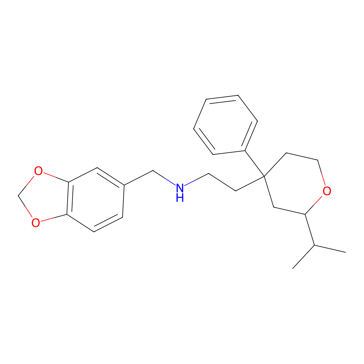 N-(1,3-benzodioxol-5-ylmethyl)-2-(4-phenyl-2-propan-2-yloxan-4-yl)ethanamine molecular structure, CAS 671767-95-6
