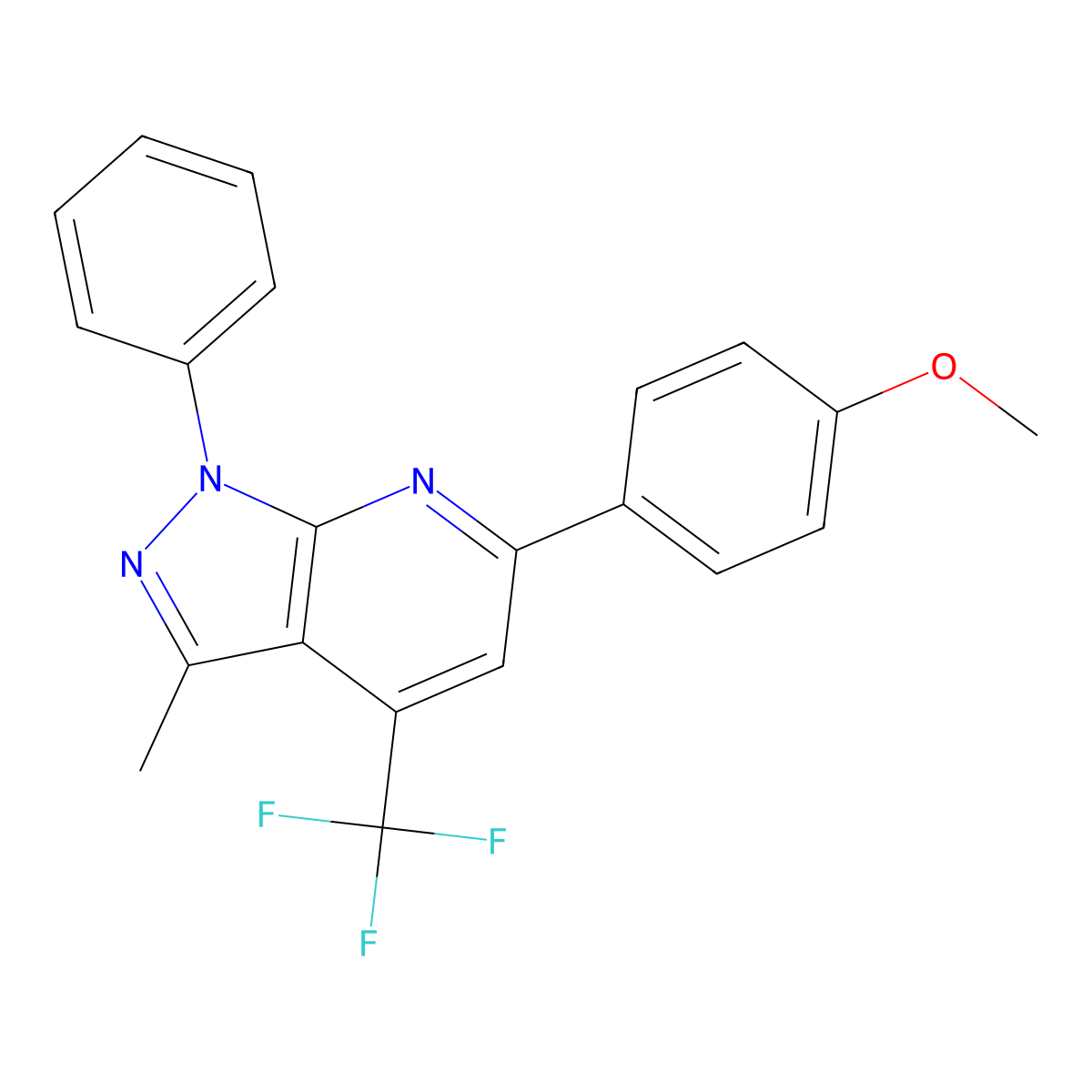 6-(4-methoxyphenyl)-3-methyl-1-phenyl-4-(trifluoromethyl)-1H-pyrazolo[3,4-b]pyridine molecular structure, CAS 671772-02-4