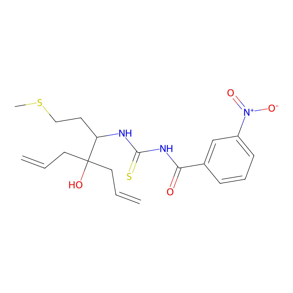N-[(4-hydroxy-1-methylsulfanyl-4-prop-2-enylhept-6-en-3-yl)carbamothioyl]-3-nitrobenzamide molecular structure, CAS 671793-91-2