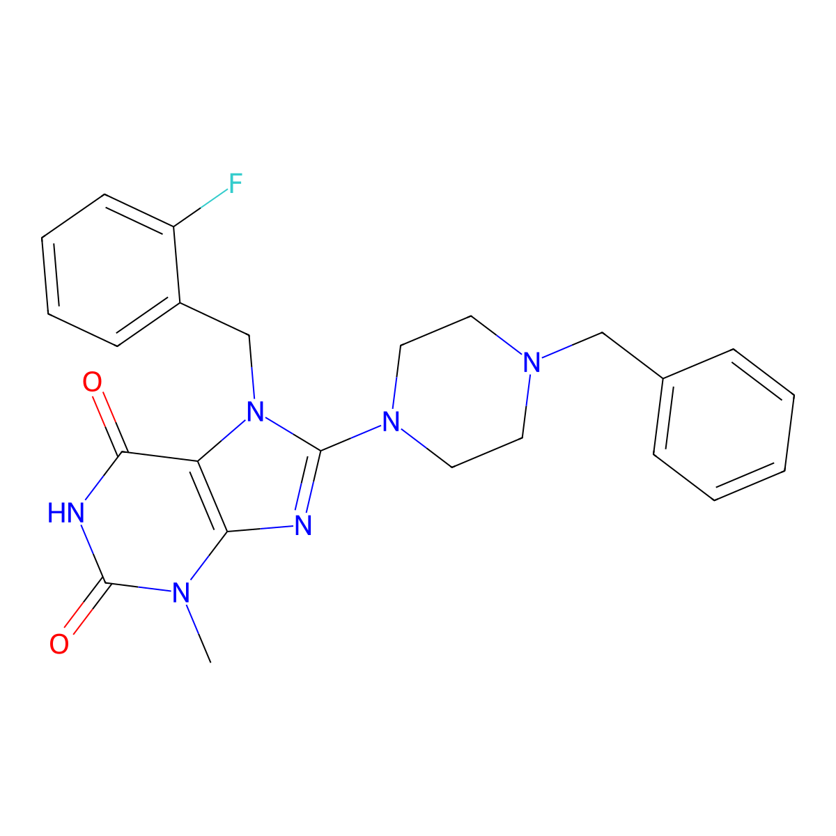 8-(4-Benzylpiperazin-1-yl)-7-[(2-fluorophenyl)methyl]-3-methylpurine-2,6-dione molecular structure, CAS 671818-98-7