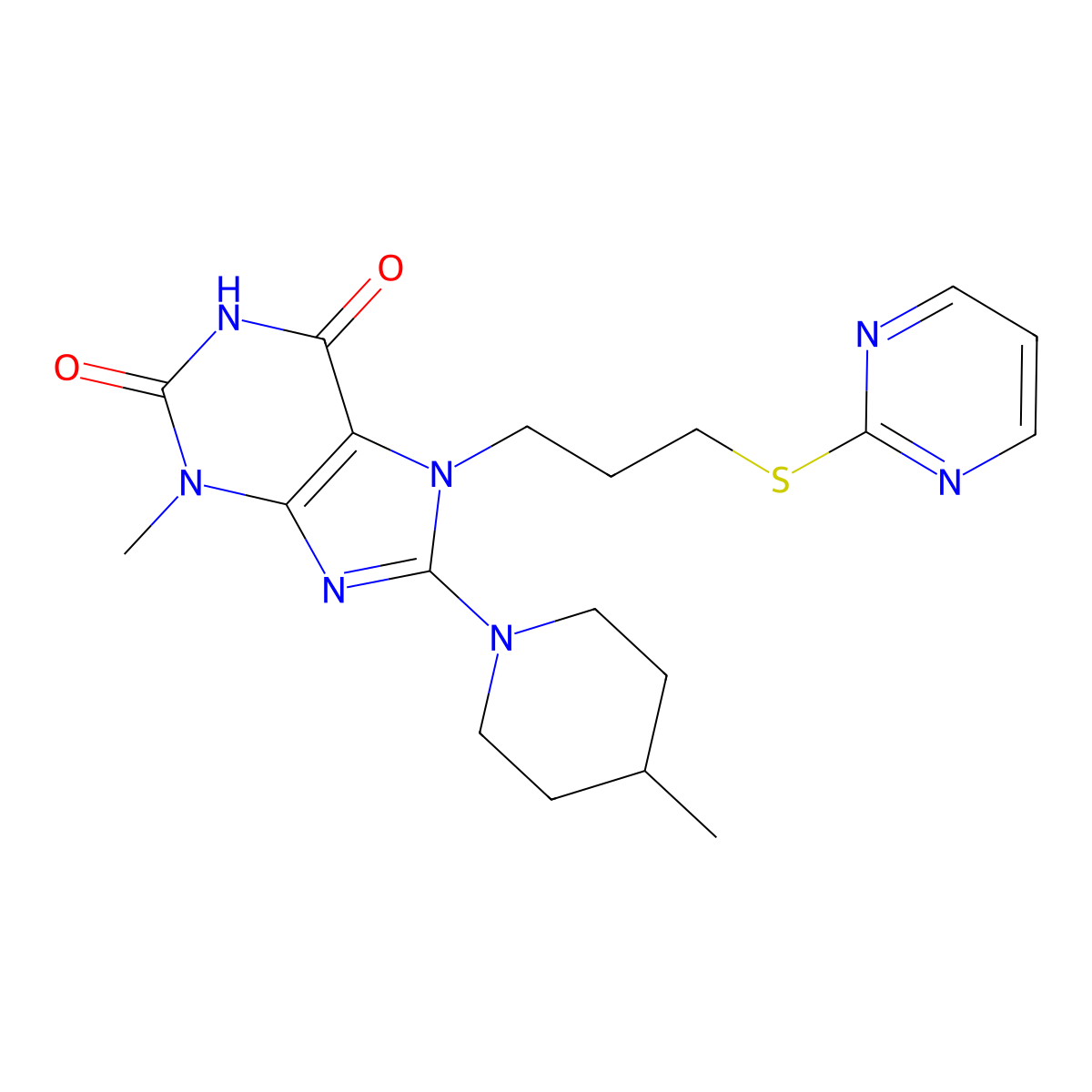 3-Methyl-8-(4-methylpiperidin-1-yl)-7-(3-pyrimidin-2-ylsulfanylpropyl)purine-2,6-dione molecular structure, CAS 671819-32-2