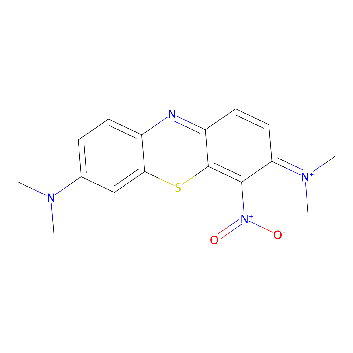 3,7-Bis(dimethylamino)-4-nitrophenothiazin-5-ium molecular structure, CAS 6722-15-2