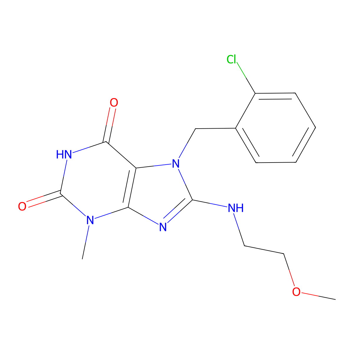 7-(2-chlorobenzyl)-8-((2-methoxyethyl)amino)-3-methyl-1H-purine-2,6(3H,7H)-dione molecular structure, CAS 672265-76-8