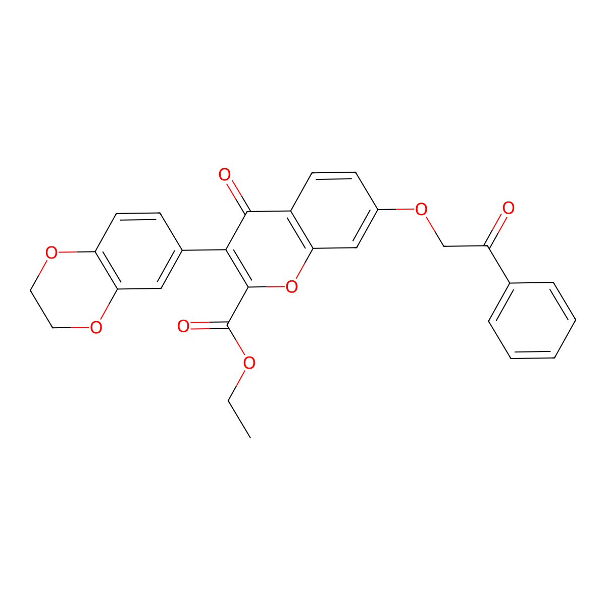 ethyl 3-(2,3-dihydrobenzo[b][1,4]dioxin-6-yl)-4-oxo-7-(2-oxo-2-phenylethoxy)-4H-chromene-2-carboxylate molecular structure, CAS 672268-42-7