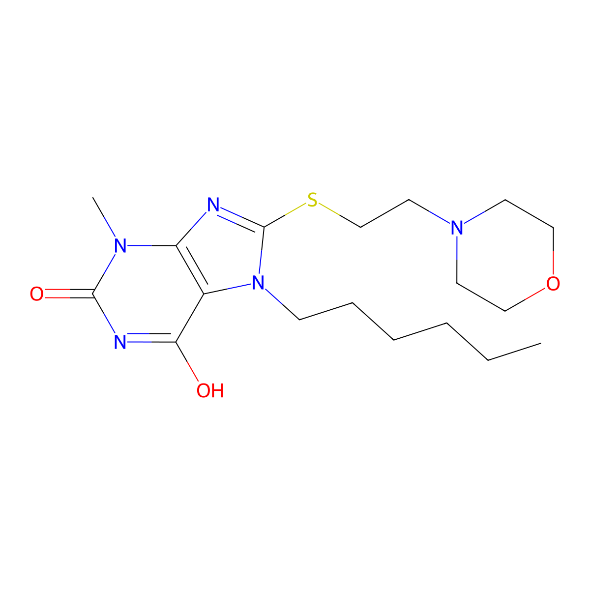 7-hexyl-3-methyl-8-((2-morpholinoethyl)thio)-1H-purine-2,6(3H,7H)-dione molecular structure, CAS 672270-07-4