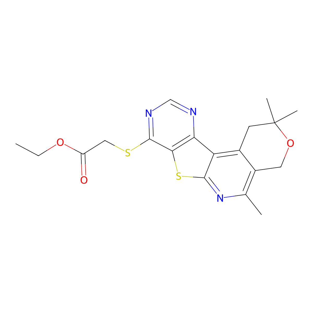 ethyl 2-((2,2,5-trimethyl-2,4-dihydro-1H-pyrano[4'',3'':4',5']pyrido[3',2':4,5]thieno[3,2-d]pyrimidin-8-yl)thio)acetate molecular structure, CAS 672270-71-2