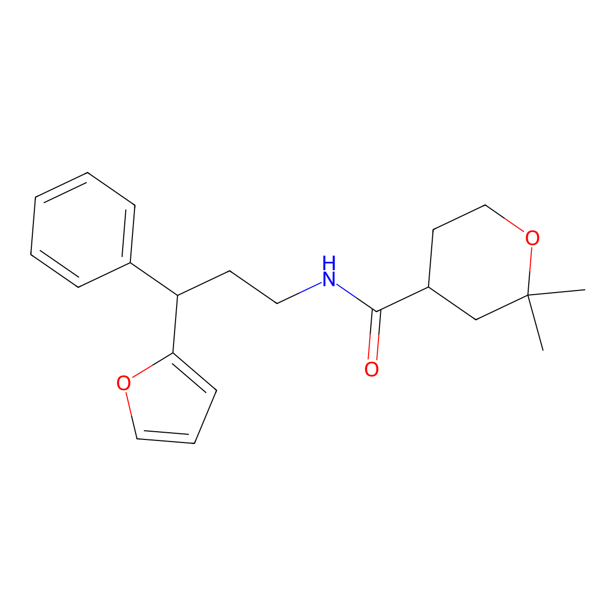 N-[3-(furan-2-yl)-3-phenylpropyl]-2,2-dimethyloxane-4-carboxamide molecular structure, CAS 672271-67-9