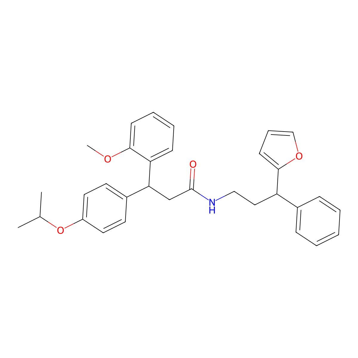 N-[3-(furan-2-yl)-3-phenylpropyl]-3-(2-methoxyphenyl)-3-(4-propan-2-yloxyphenyl)propanamide molecular structure, CAS 672272-99-0