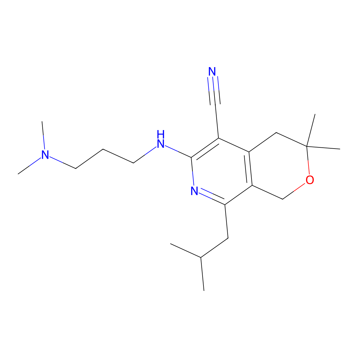6-[3-(Dimethylamino)propylamino]-3,3-dimethyl-8-(2-methylpropyl)-1,4-dihydropyrano[3,4-c]pyridine-5-carbonitrile molecular structure, CAS 672273-64-2