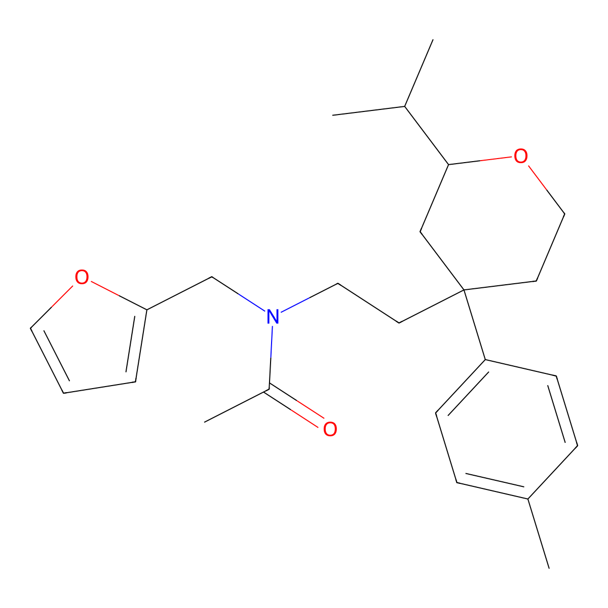 N-(furan-2-ylmethyl)-N-[2-[4-(4-methylphenyl)-2-propan-2-yloxan-4-yl]ethyl]acetamide molecular structure, CAS 672276-89-0