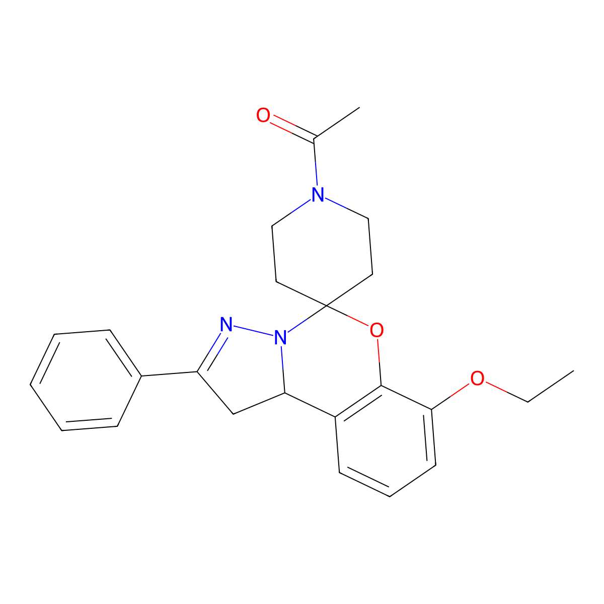 1-(7-Ethoxy-2-phenyl-1,10b-dihydrospiro[benzo[e]pyrazolo[1,5-c][1,3]oxazine-5,4'-piperidin]-1'-yl)ethanone molecular structure, CAS 672277-60-0