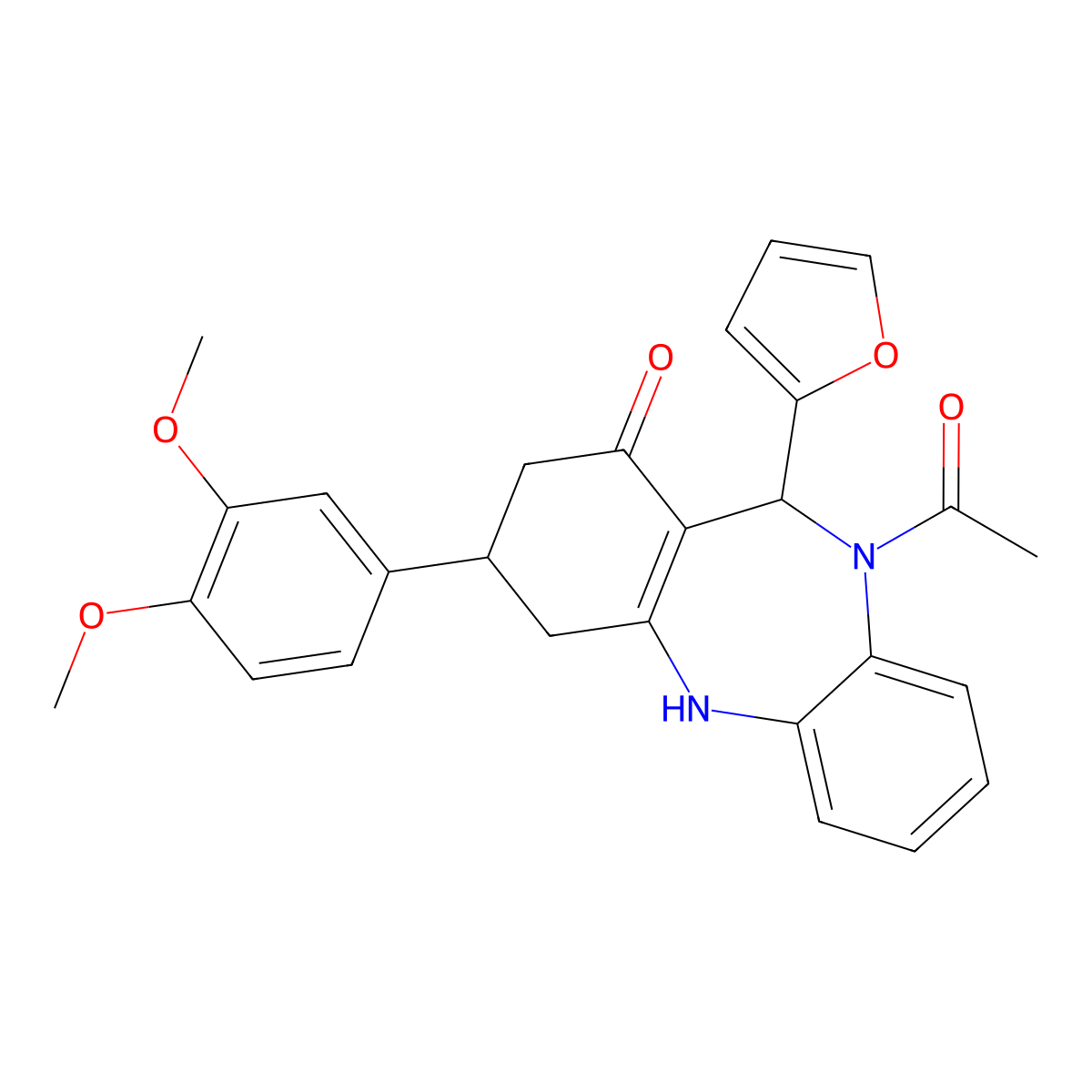 1-[3-(3,4-dimethoxyphenyl)-11-(furan-2-yl)-1-hydroxy-2,3,4,11-tetrahydro-10H-dibenzo[b,e][1,4]diazepin-10-yl]ethanone molecular structure, CAS 672279-40-2
